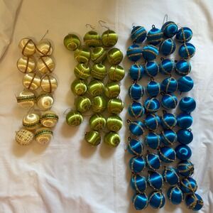 Vintage Satin Silk Thread Christmas Ornaments Blue Green Cream Gold  50pc Lot